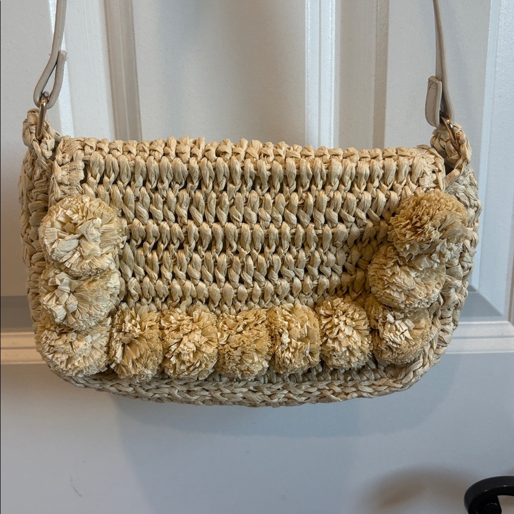 NWT Loft Straw Raffia Pom Pom Bag Purse